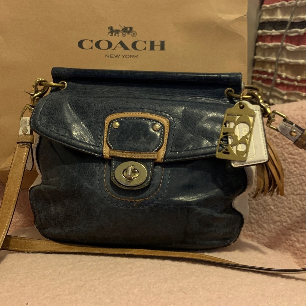 70th Anniversary Coach Navy & Tan Leather Shoulder Bag w/ Hang Tag &Tassel Charm - Picture 5 of 14